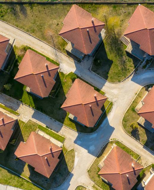 Aerial view of new family houses. Drone view of residential area.